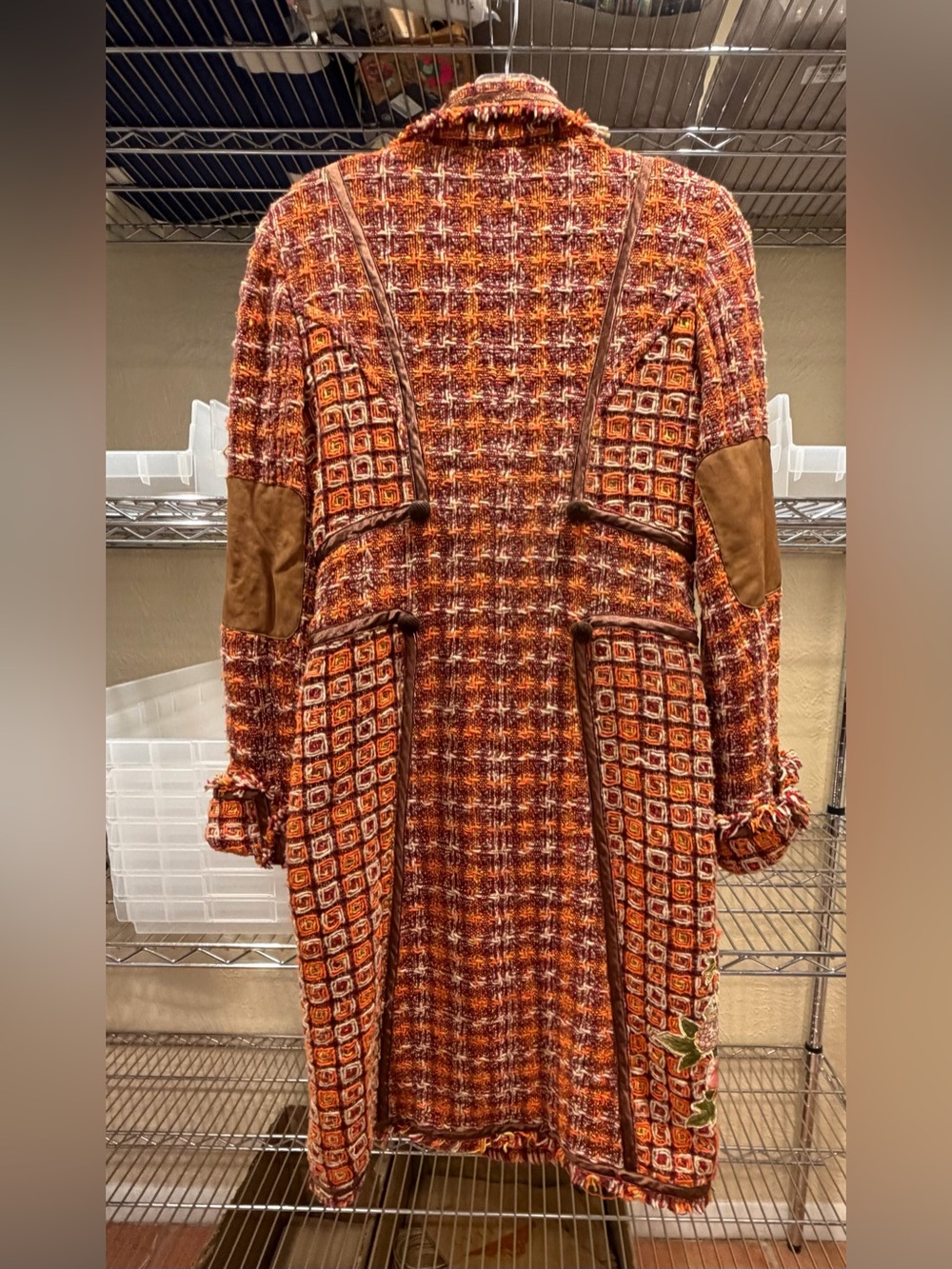 Embroidered Orange Tweed Trench Coat with Floral Detail - Picture 8 of 8